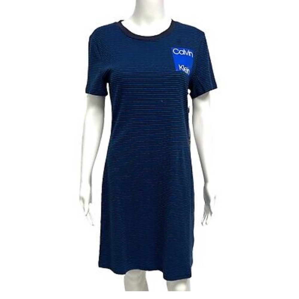 Calvin Klein Women's Casual Short Sleeve Pullover T-Shirt Blue Strip Dress M